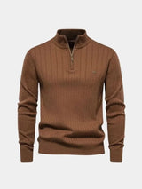 Cotton Knit Vertical Stripes Quarter-Zip Sweater