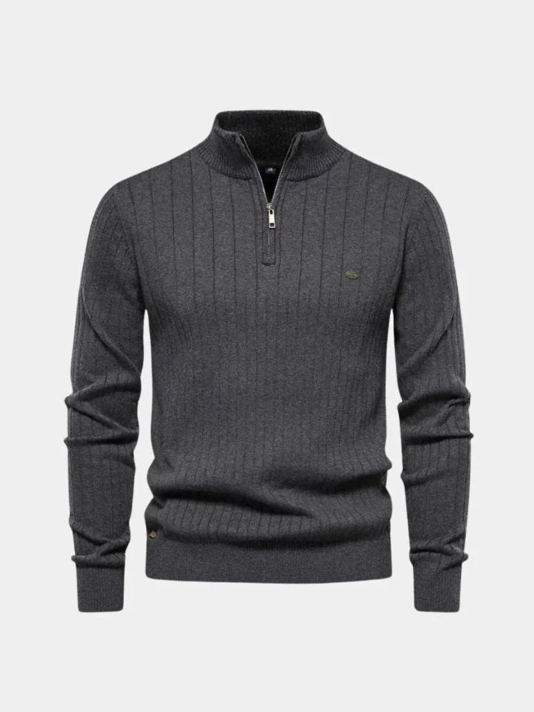 Cotton Knit Vertical Stripes Quarter-Zip Sweater