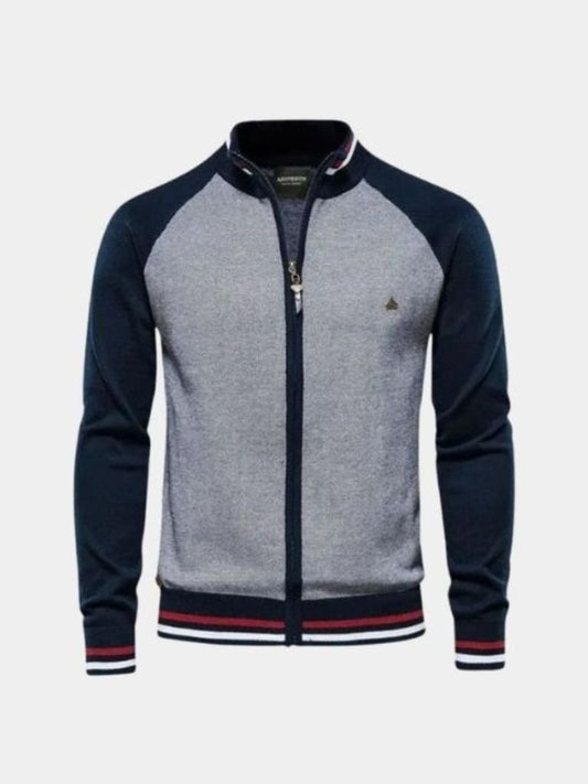 Zipper Color Block Standing Collar Cardigan Sweater