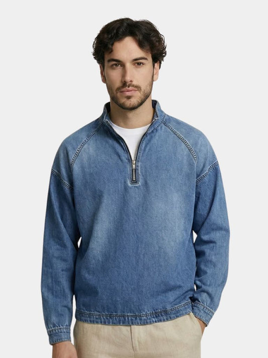 Stonewash Denim Quarter Zip Jacket