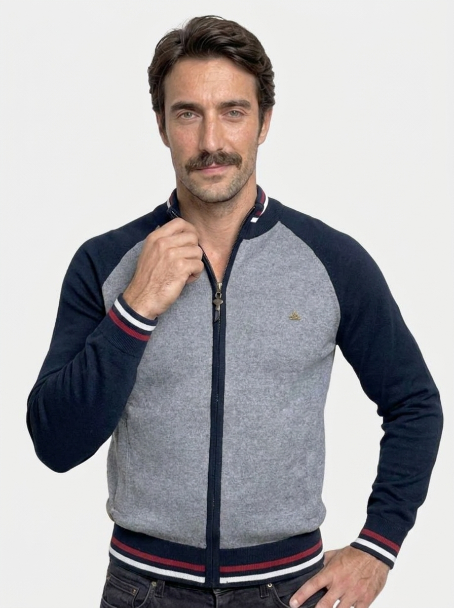 Zipper Color Block Standing Collar Cardigan Sweater