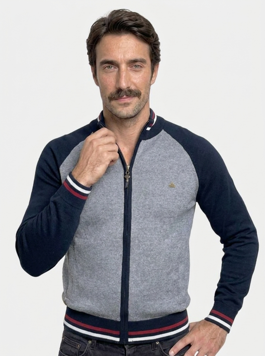 Zipper Color Block Standing Collar Cardigan Sweater