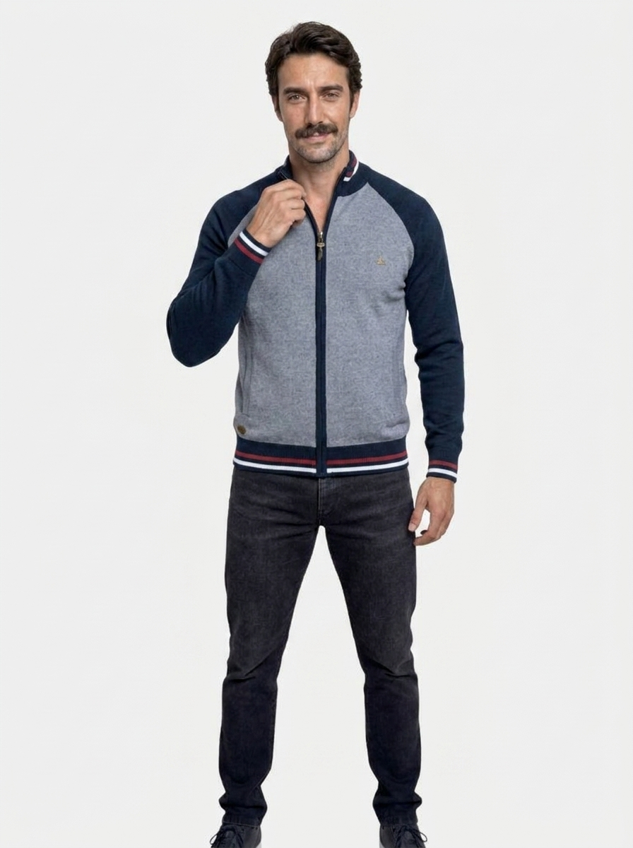 Zipper Color Block Standing Collar Cardigan Sweater