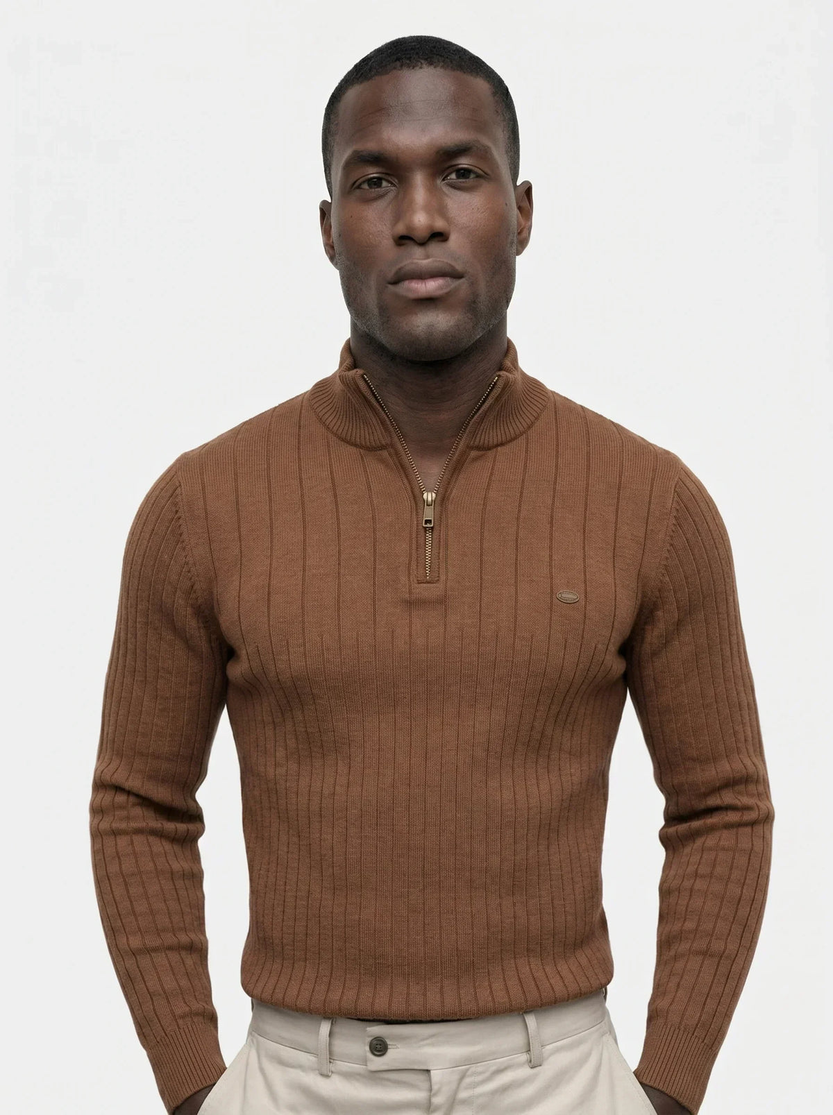Cotton Knit Vertical Stripes Quarter-Zip Sweater