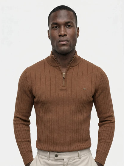 Cotton Knit Vertical Stripes Quarter-Zip Sweater