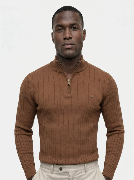Cotton Knit Vertical Stripes Quarter-Zip Sweater