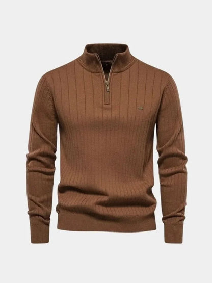 Cotton Knit Vertical Stripes Quarter-Zip Sweater