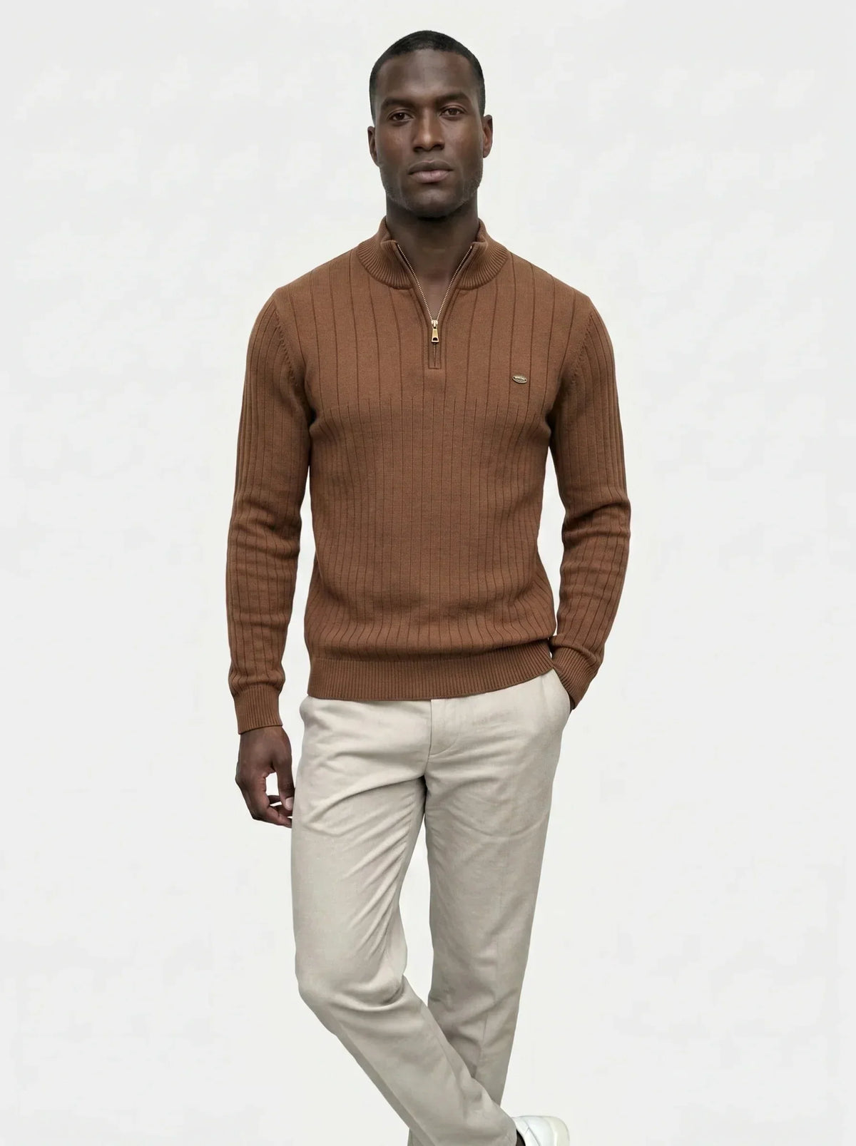 Cotton Knit Vertical Stripes Quarter-Zip Sweater