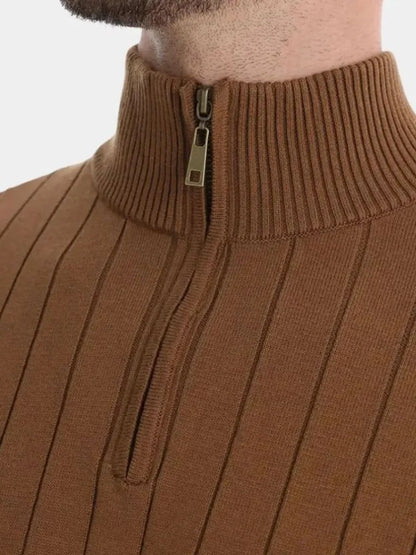 Cotton Knit Vertical Stripes Quarter-Zip Sweater
