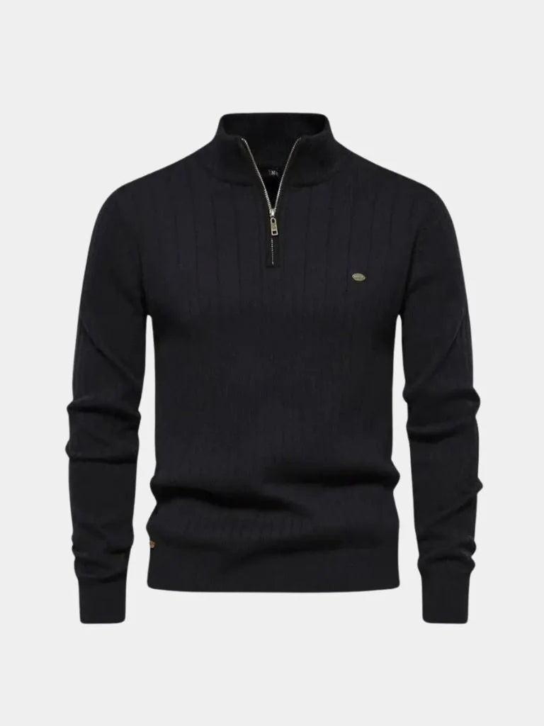 Cotton Knit Vertical Stripes Quarter-Zip Sweater