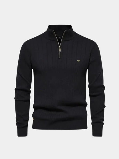 Cotton Knit Vertical Stripes Quarter-Zip Sweater