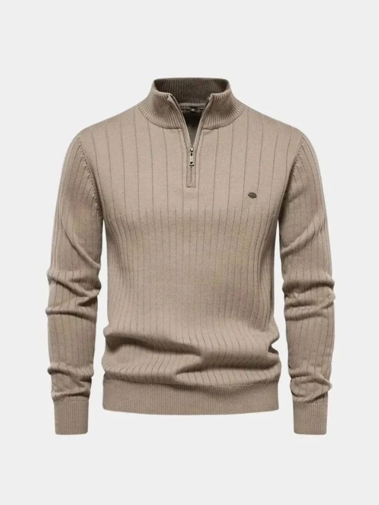Cotton Knit Vertical Stripes Quarter-Zip Sweater