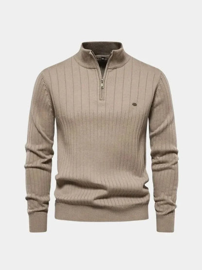 Cotton Knit Vertical Stripes Quarter-Zip Sweater