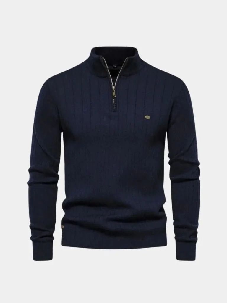 Cotton Knit Vertical Stripes Quarter-Zip Sweater
