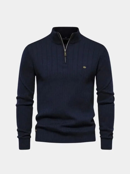 Cotton Knit Vertical Stripes Quarter-Zip Sweater