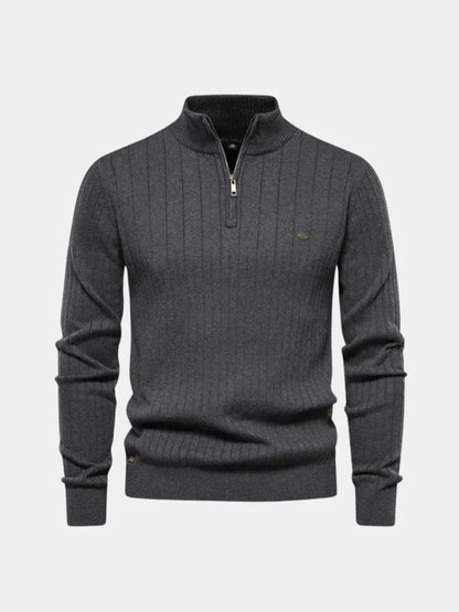 Cotton Knit Vertical Stripes Quarter-Zip Sweater