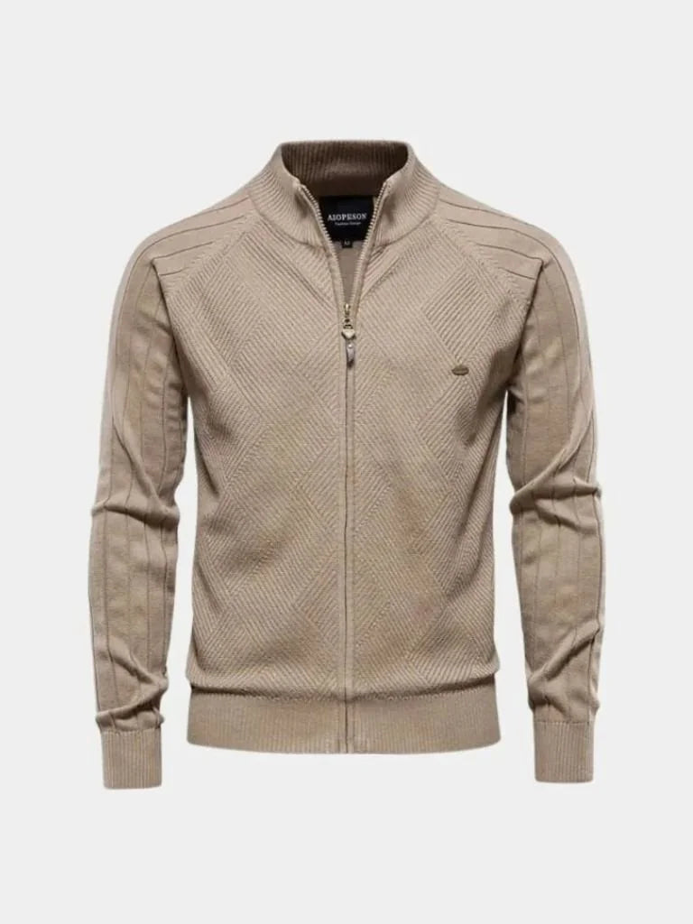Knit Zipper Jacquard Solid Color Cardigan Sweater