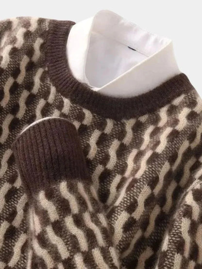 100% Wool Geometric Crew Neck Pullover Sweater