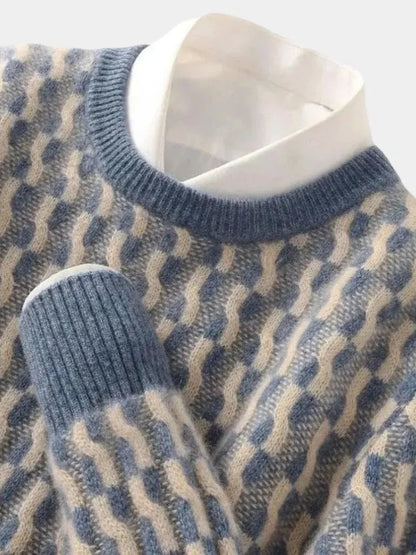 100% Wool Geometric Crew Neck Pullover Sweater