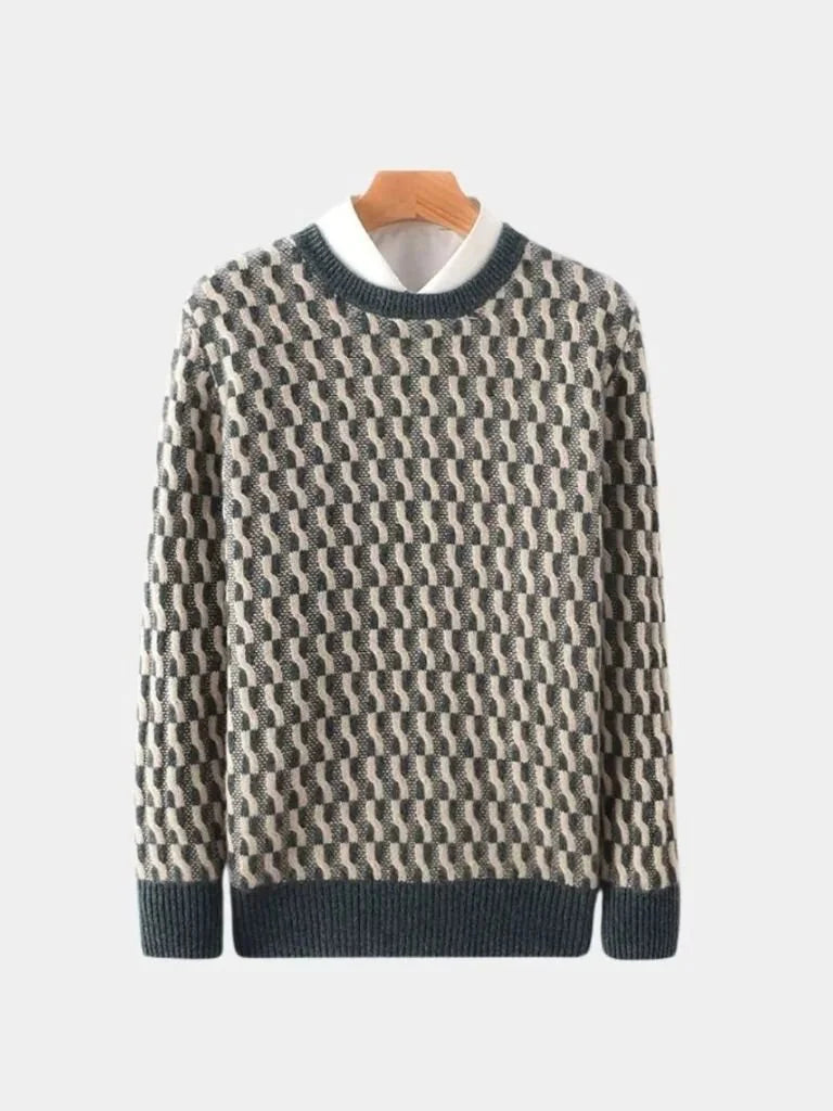 100% Wool Geometric Crew Neck Pullover Sweater