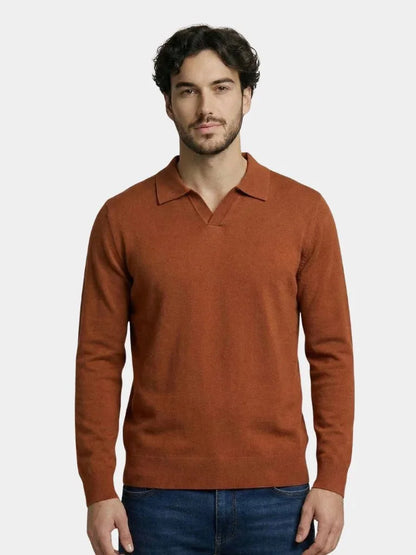 100% Wool Knit V Neck Turndown Polo Pullover