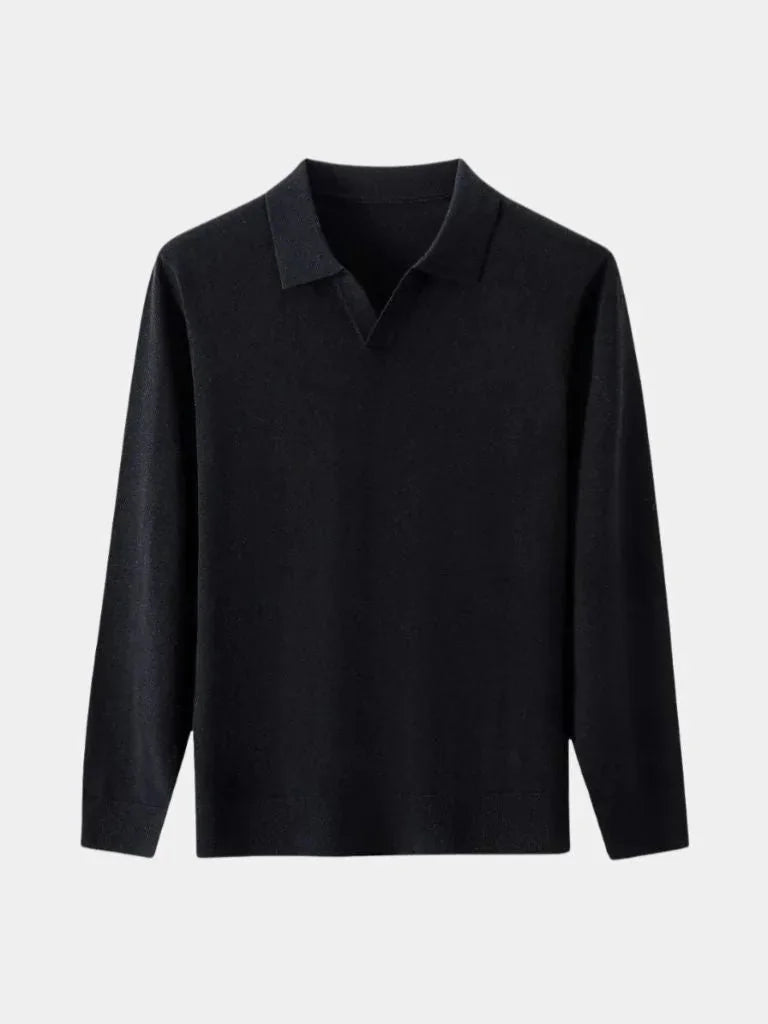 100% Wool Knit V Neck Turndown Polo Pullover