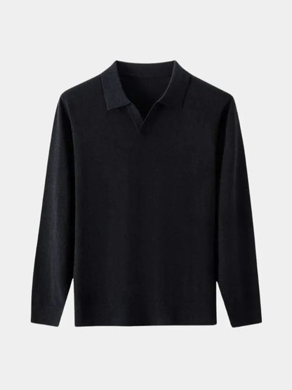 100% Wool Knit V Neck Turndown Polo Pullover
