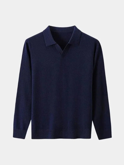 100% Wool Knit V Neck Turndown Polo Pullover