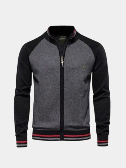 Zipper Color Block Standing Collar Cardigan Sweater
